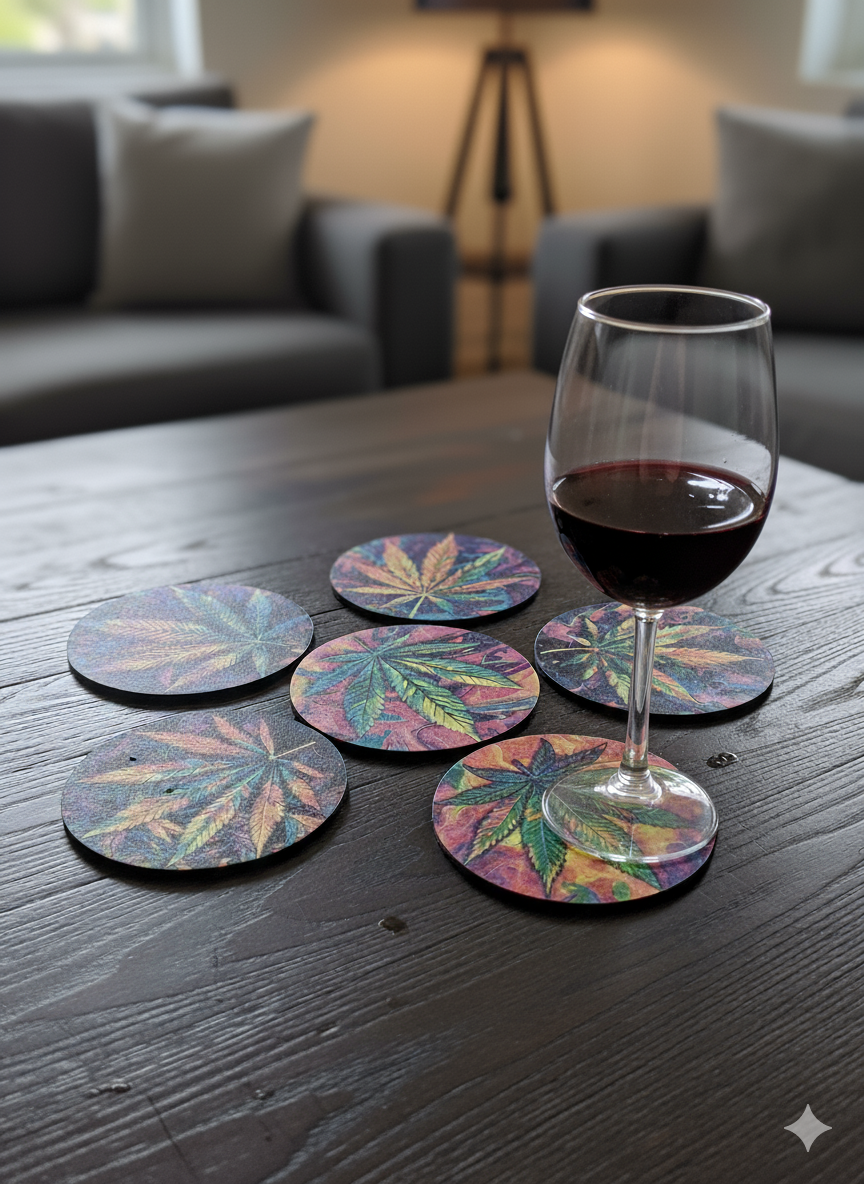Coaster Set (6) Cannabis leaf detail